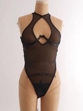 Frederick's of Hollywood Black Sheer Mesh Cutout Bodysuit